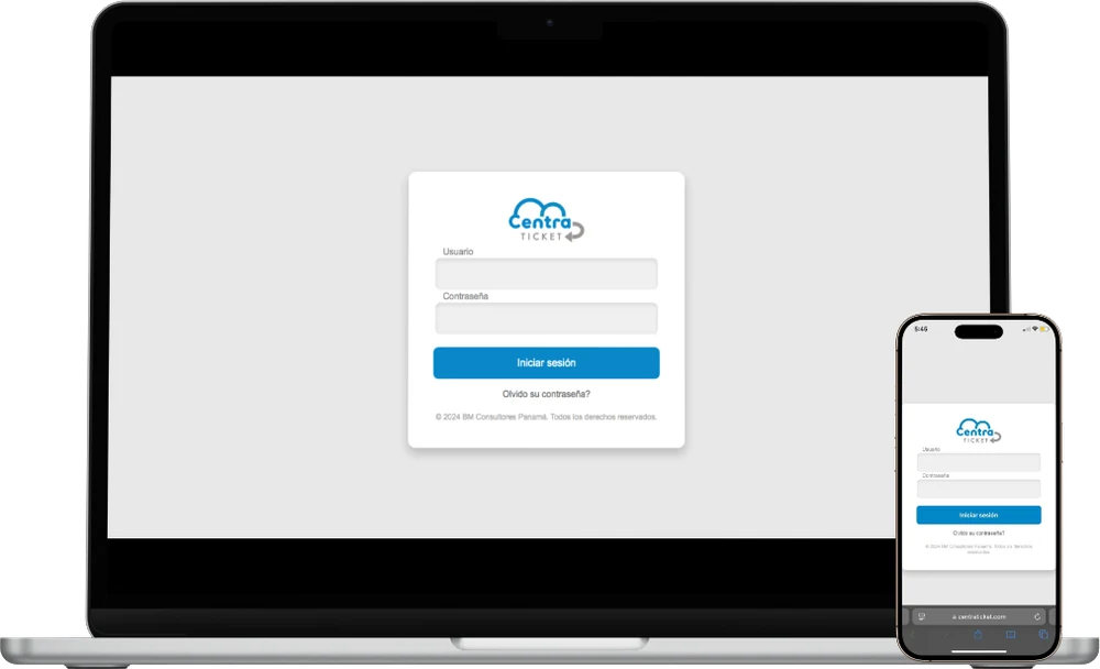 CENTRATICKET en computadora portátil y teléfono móvil